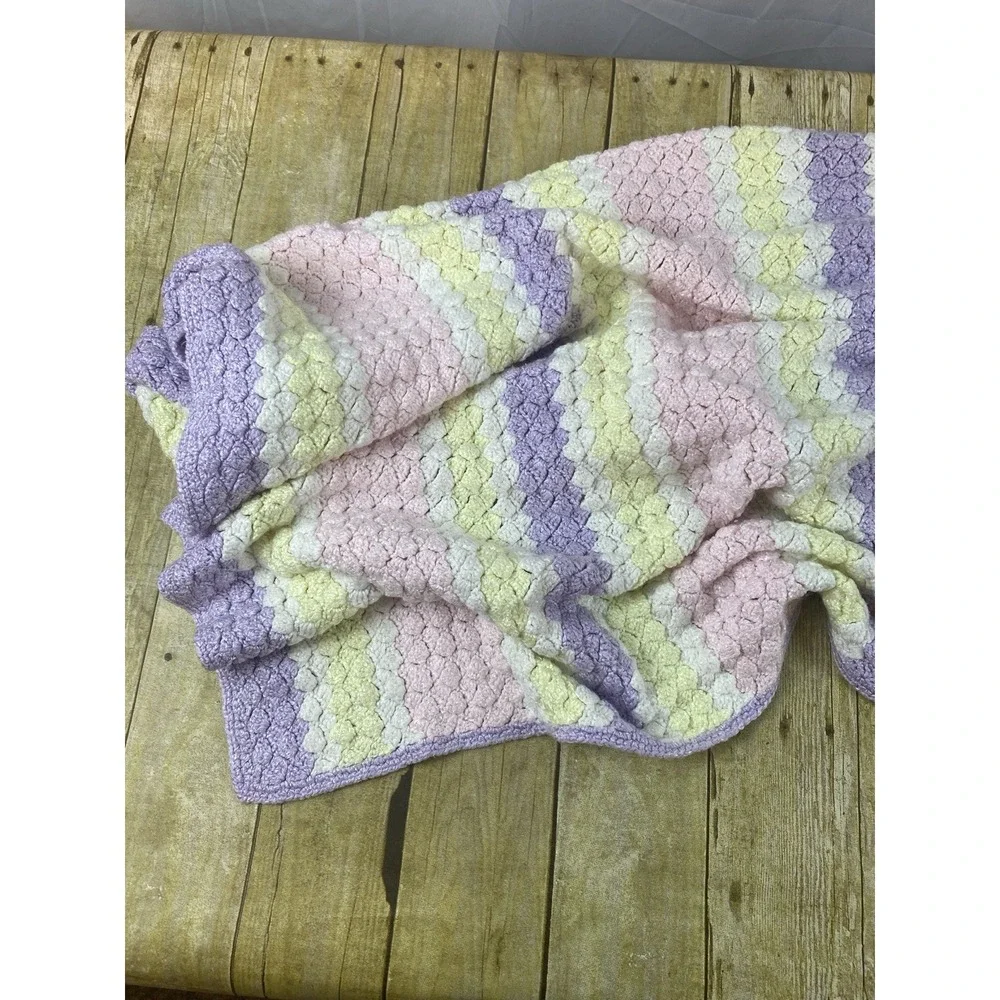 Handmade‎ Knit Pink Purple Yellow Blanket 55
